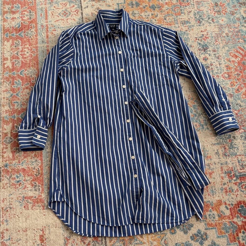 GAP Blue and White Cotton Stripe Button-Down Shirtdress